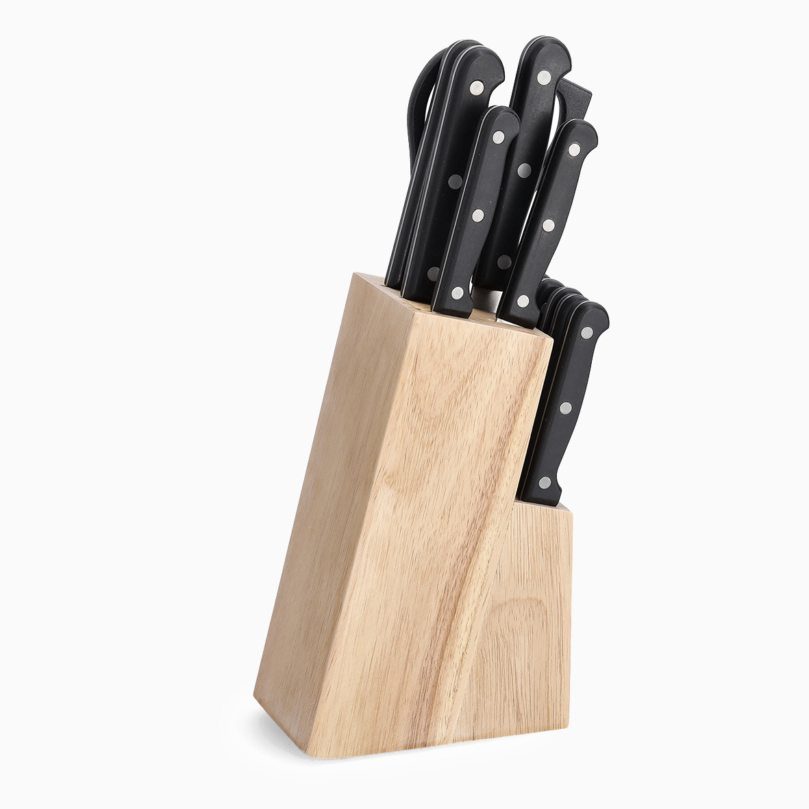 Knivblok i heveatræ (sæt med 13 dele) – Natur – 12cm x 9cm x 32,5cm – Elina